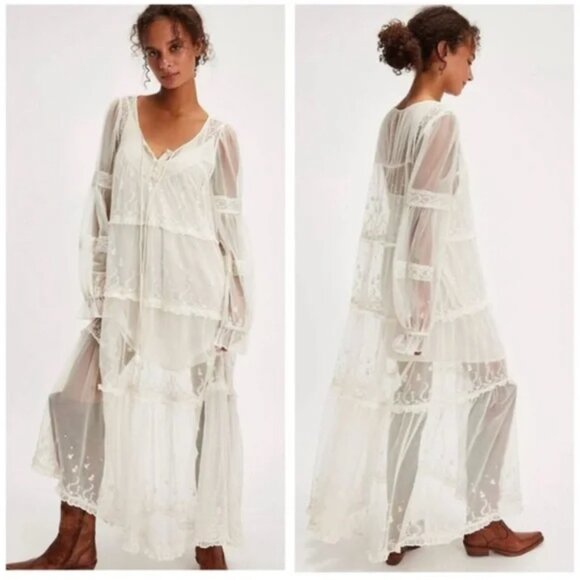 Free People Dresses & Skirts - New Free People Stevie Sheer Lace Ivory Maxi Dress Medium NWOT